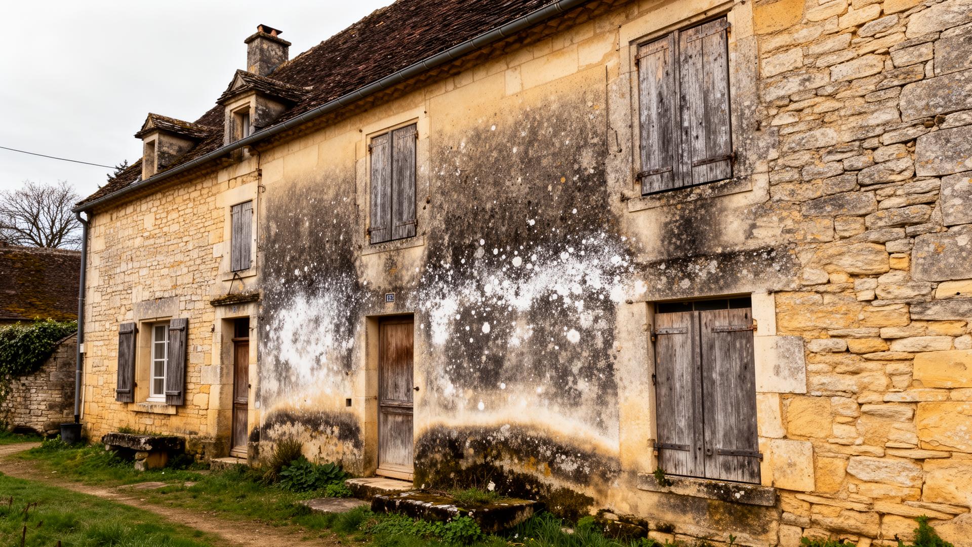 Maison traditionnelle du Périgord en pierre calcaire avec traces d'humidité et salpêtre sur les murs