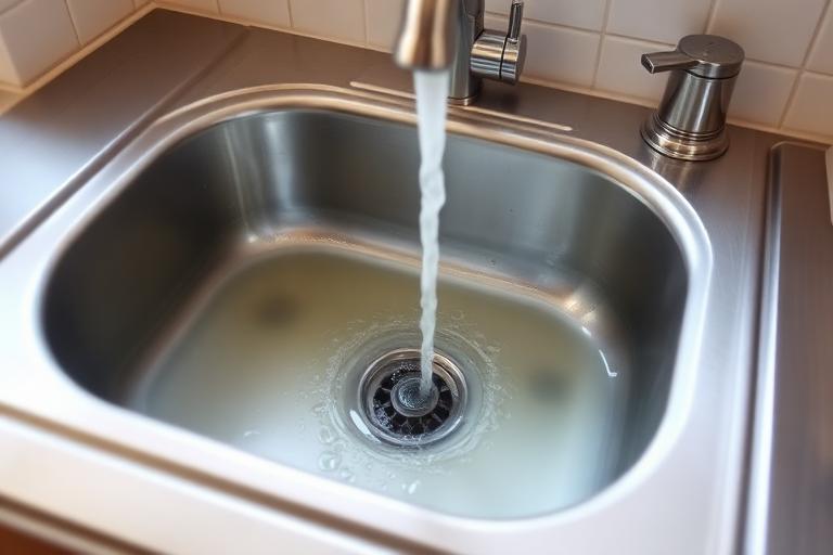Évier de cuisine avec eau stagnante montrant un écoulement lent de la canalisation
