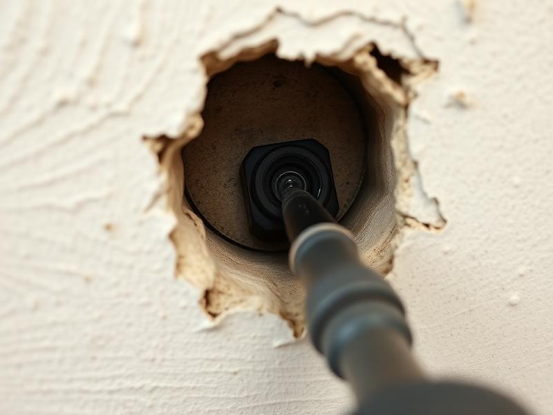 Endoscope inséré dans un petit percement dans un mur en plâtre pour inspecter une cavité cachée — diagnostic humidité