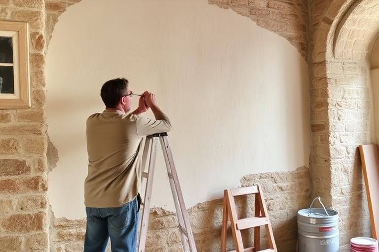Professionnel appliquant un enduit à la chaux sur un mur en pierre, finition microporeuse respirante pour mur humide