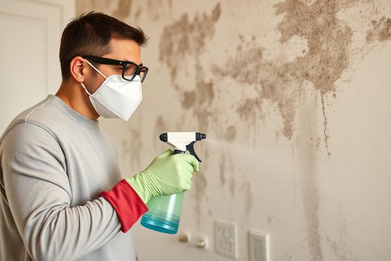 Personne protégée par un masque FFP2 et des gants nettoyant un mur contaminé par des champignons