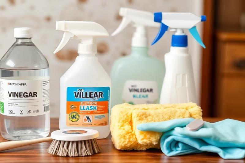 Produits de nettoyage pour enlever les champignons sur un mur : vinaigre blanc, eau de Javel, spray fongicide, brosse, éponge et gants