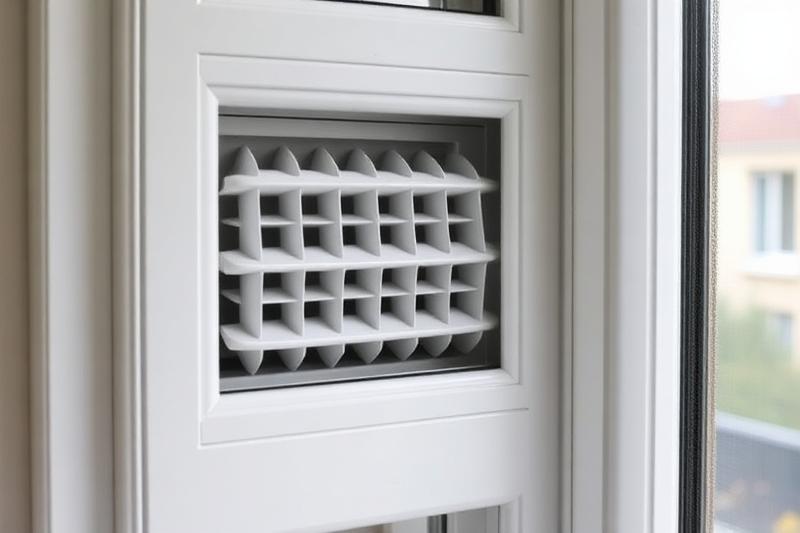 Entrée d'air hygroréglable installée sur menuiserie PVC, assurant le renouvellement d'air pour le bon fonctionnement de la VMC