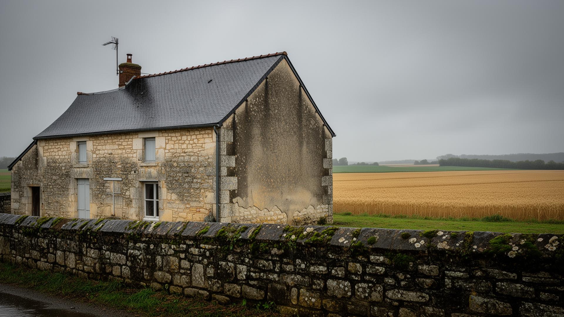 Paysage rural de la Beauce en Eure-et-Loir avec ferme traditionnelle en pierre