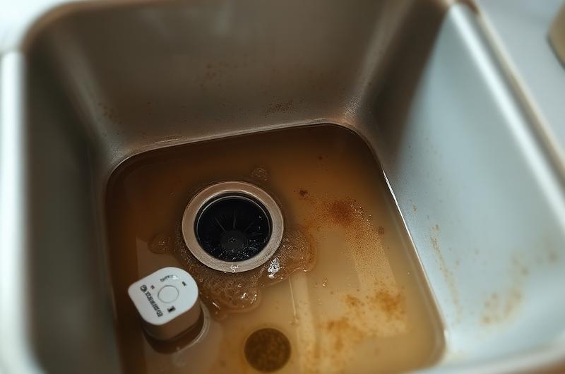 Évier de cuisine avec eau qui s'écoule lentement, signe d'encrassement des canalisations
