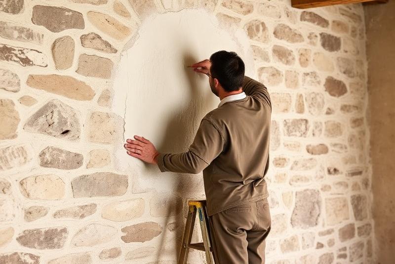 Artisan appliquant un enduit à la chaux sur un mur ancien en pierre pour permettre au mur de respirer