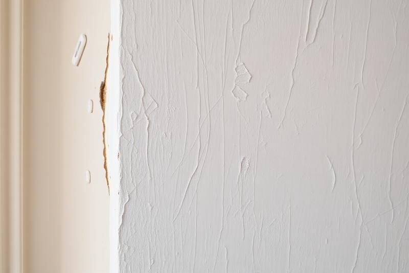 Mur repeint trop tôt montrant des cloques et craquelures dues à l'humidité résiduelle piégée sous la peinture