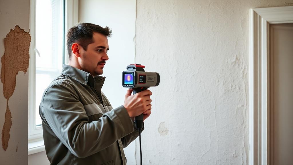Expert en humidité réalisant un diagnostic avec une caméra thermique sur un mur intérieur