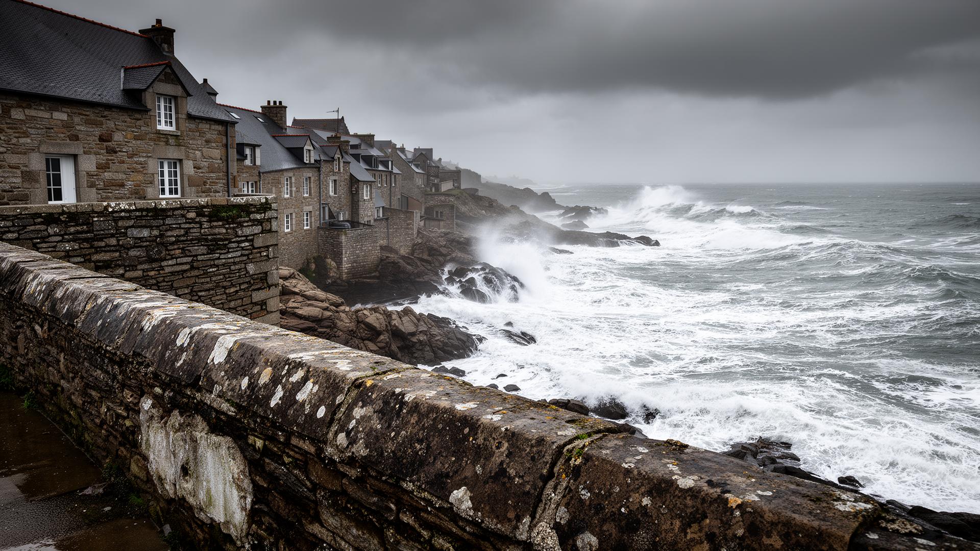 Côte rocheuse du Finistère avec maisons en granite face à l'océan Atlantique