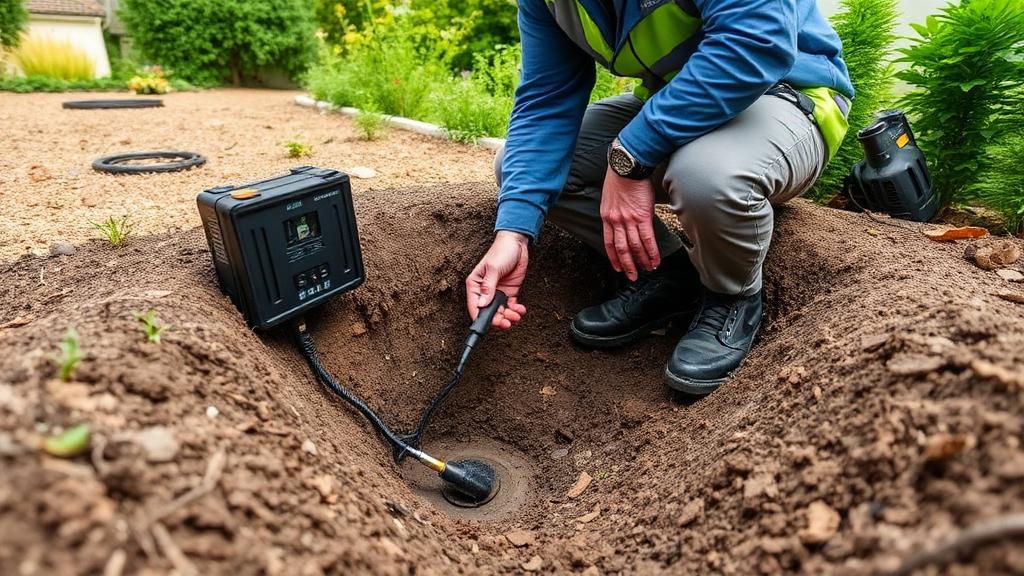 Technicien utilisant un appareil d'écoute acoustique pour détecter une fuite sur canalisation enterrée dans un jardin