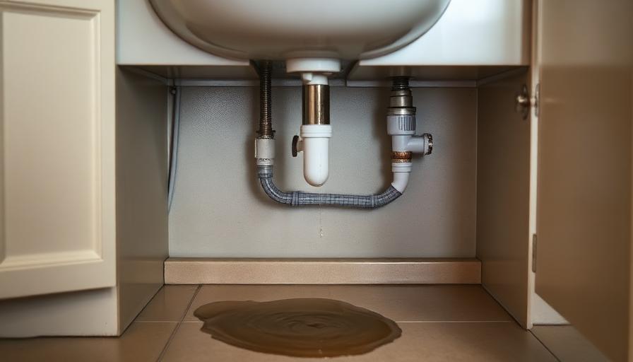 Fuite d'eau sous un évier de cuisine avec flaque d'eau visible