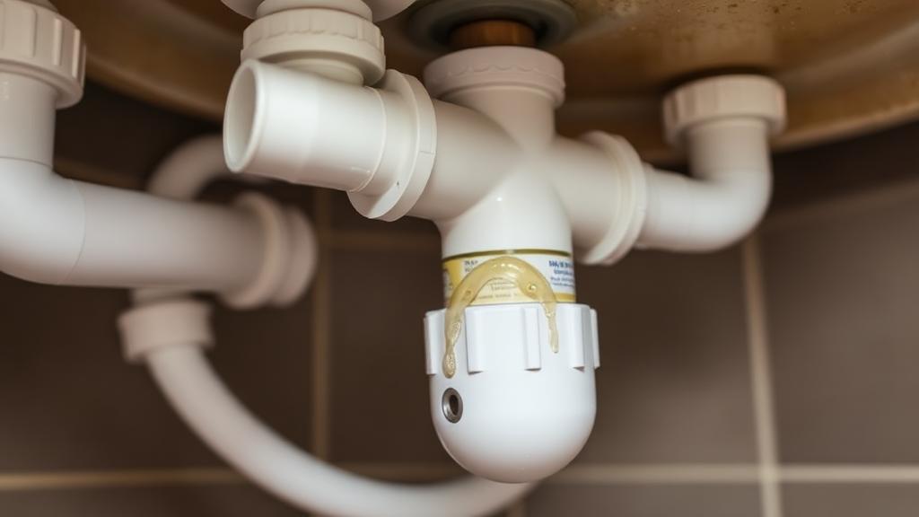 Raccord PVC de canalisation d'évacuation sous un évier montrant une fuite au niveau du siphon
