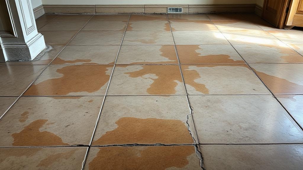 Sol carrelé présentant des traces d'humidité et d'efflorescence typiques d'une fuite de canalisation sous dalle béton