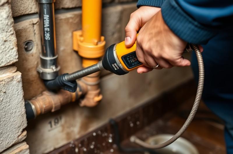 Technicien utilisant un furet électrique pour déboucher la colonne d'évacuation d'un immeuble