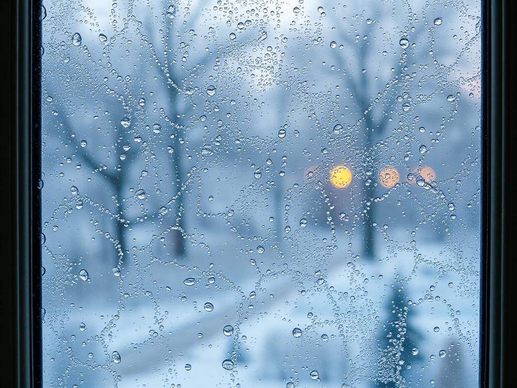 Condensation importante avec gouttes d'eau sur une fenêtre double vitrage