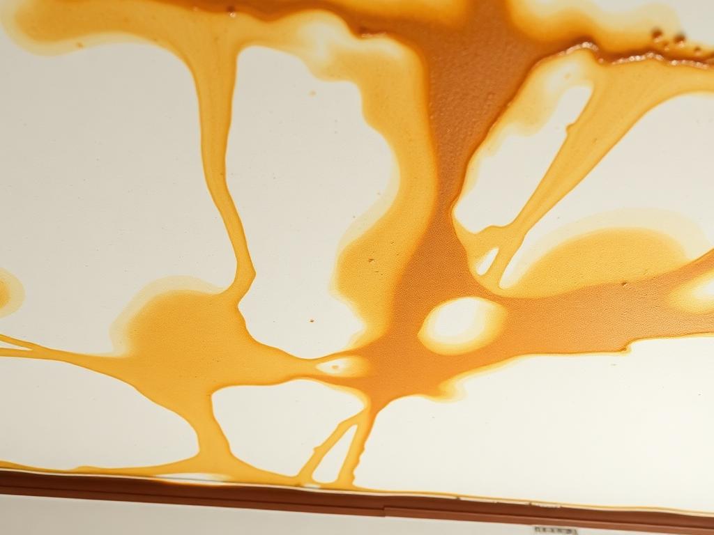 Traces jaunes et brunes d'infiltration d'eau sur un plafond blanc