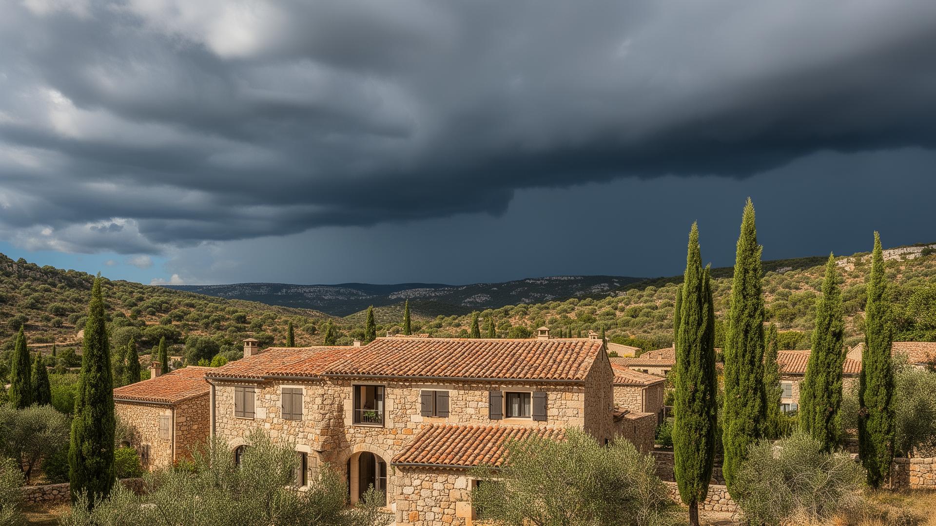 Mas cévenol en pierre sous un ciel d'orage dans le Gard