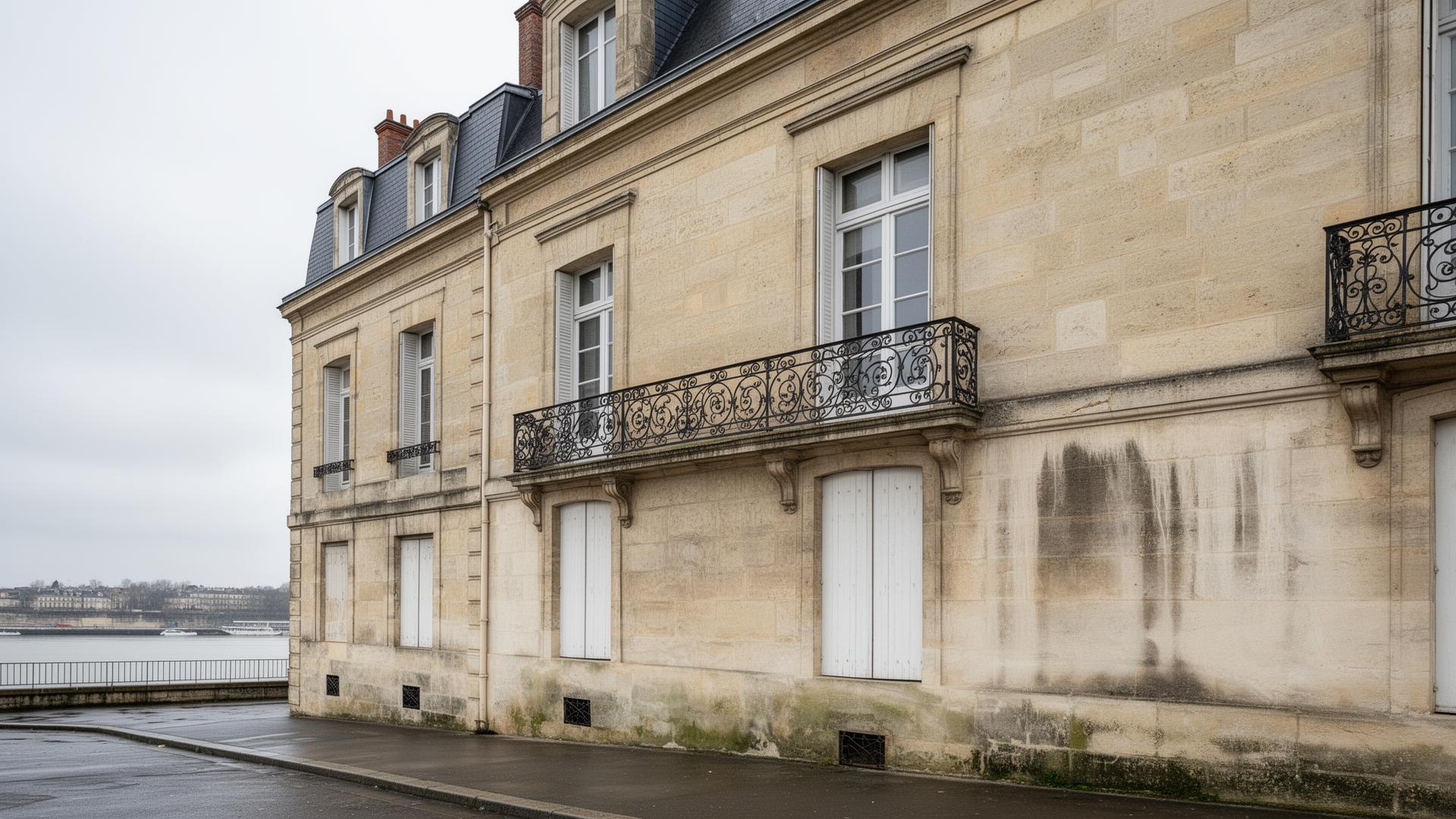 Échoppe bordelaise en pierre calcaire avec signes d'humidité près de la Garonne