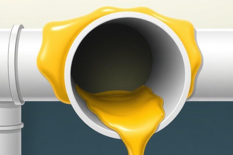 Coupe d'une canalisation PVC obstruée par un dépôt de graisse solidifiée réduisant le diamètre