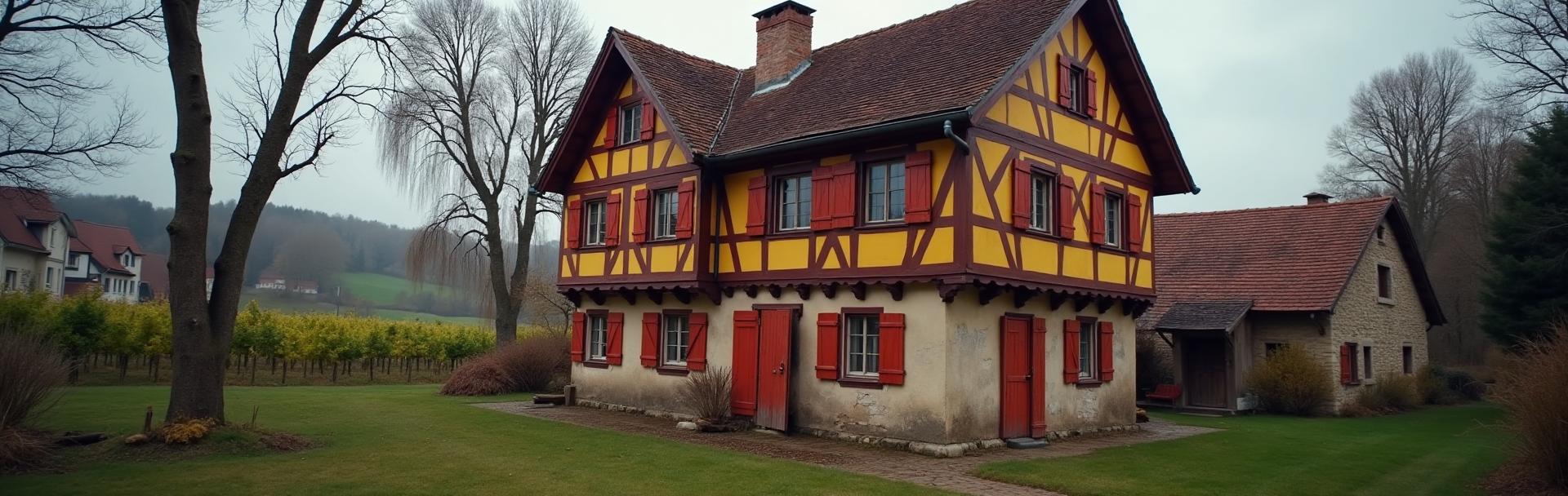 Maison alsacienne à colombages colorés dans un village viticole