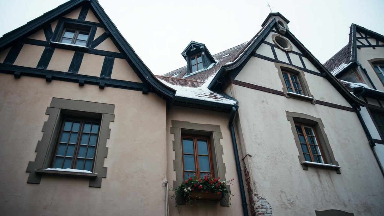 Maison alsacienne traditionnelle à colombages dans le Haut-Rhin avec traces d'humidité