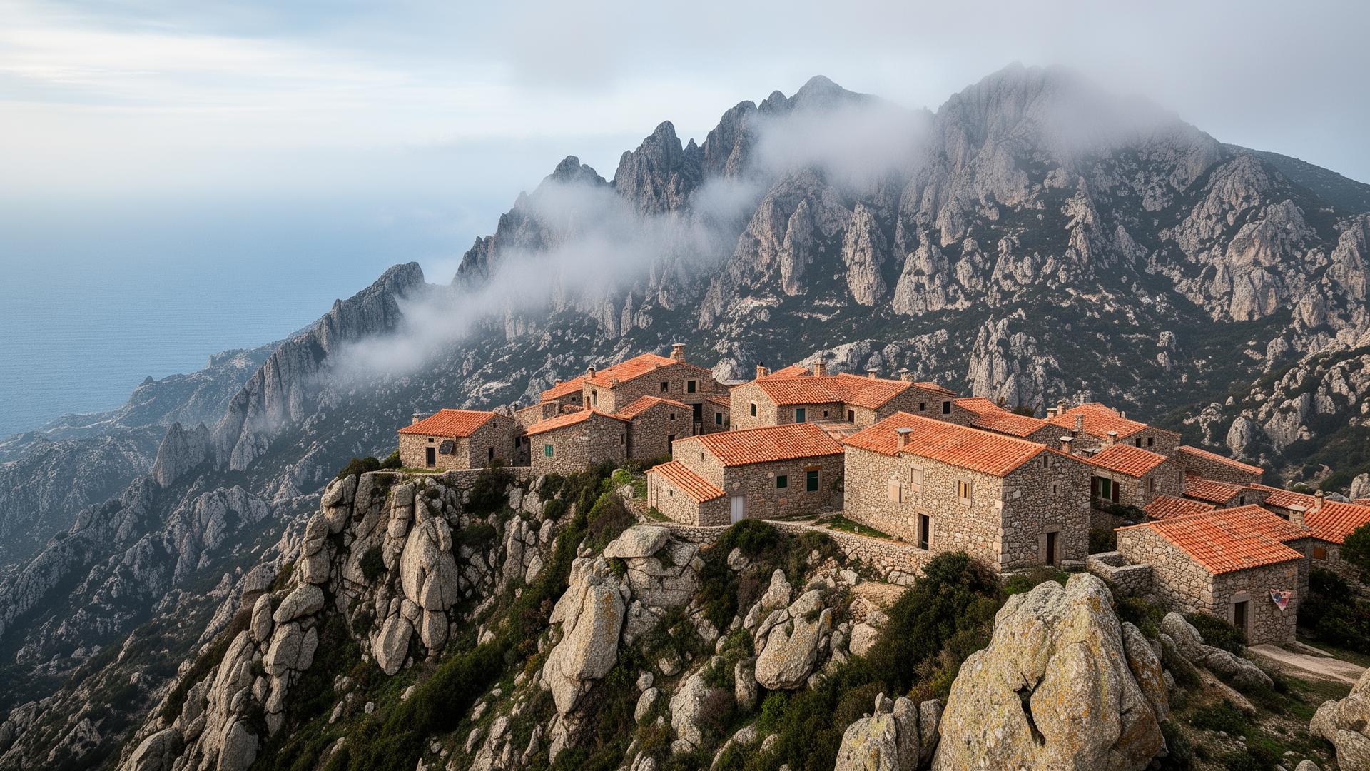 Village perché de Haute-Corse avec montagnes et brume