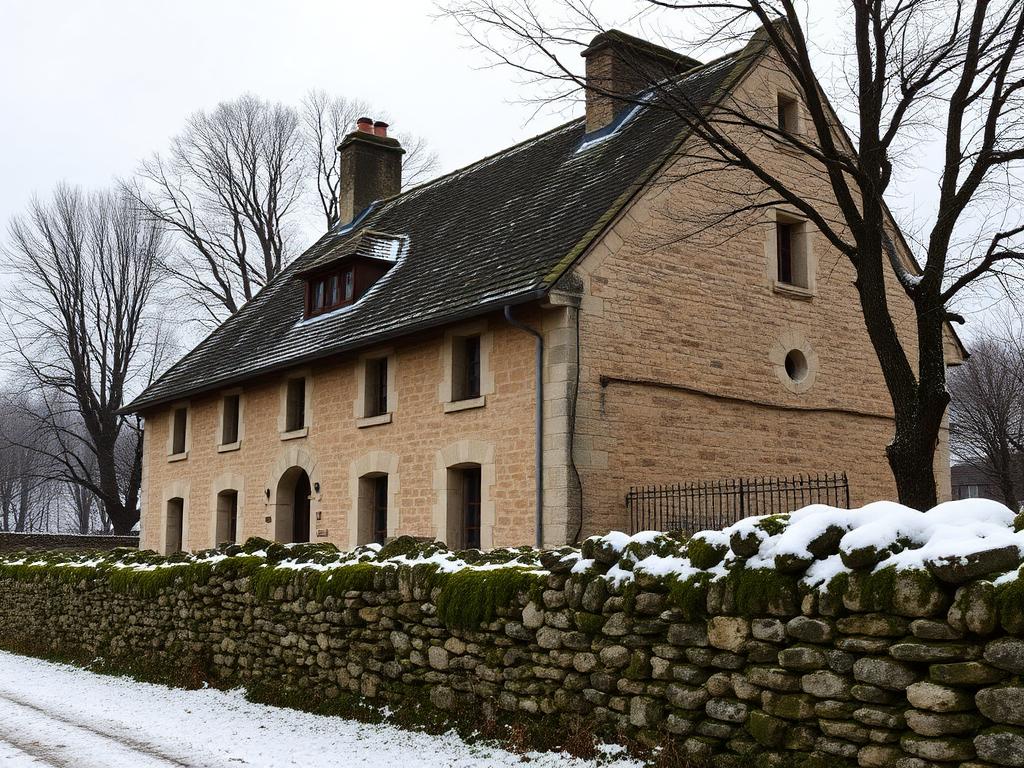 Maison ancienne en pierre dans la campagne haut-marnaise, murs épais montrant des traces d'humidité