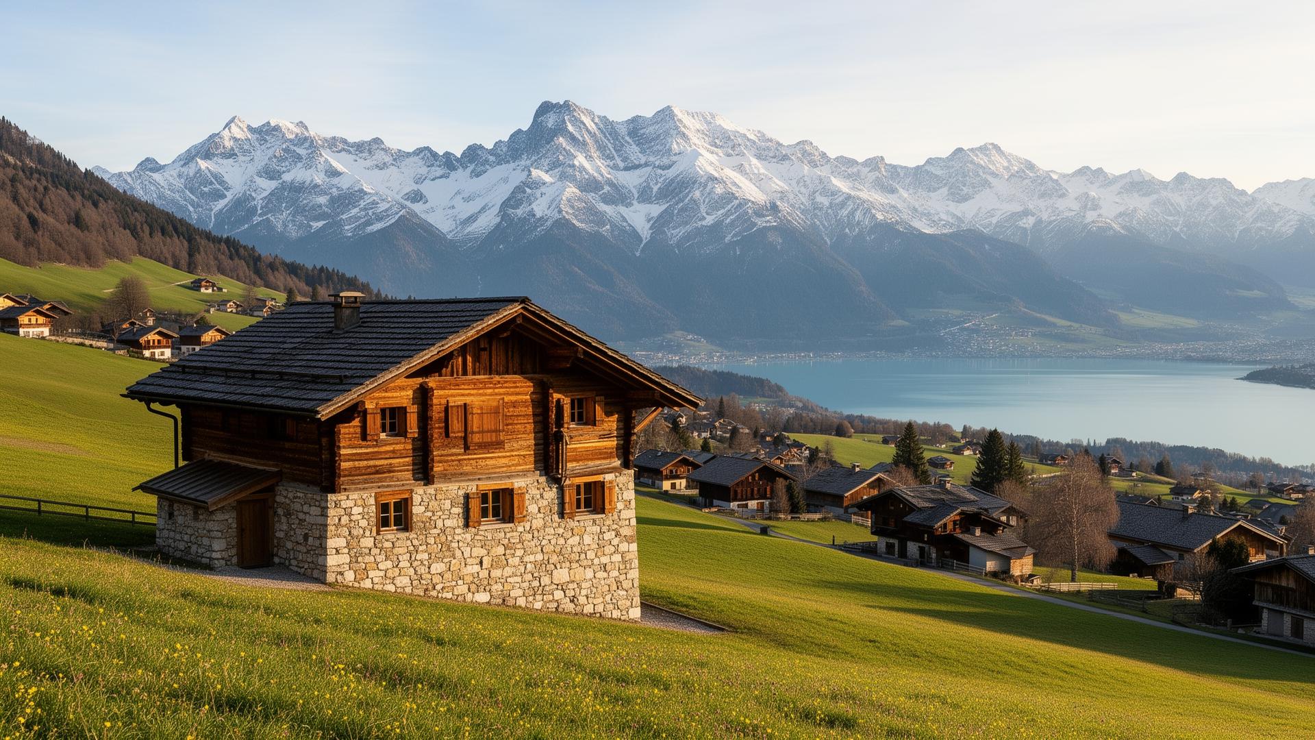 Chalet traditionnel de Haute-Savoie avec les Alpes et le lac d'Annecy en arrière-plan