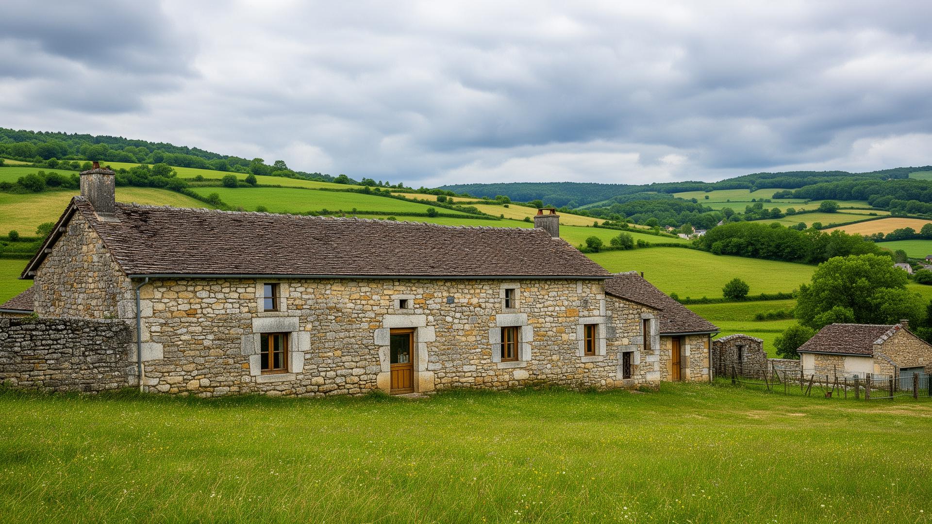 Longère traditionnelle en pierre du Limousin dans la campagne de Haute-Vienne