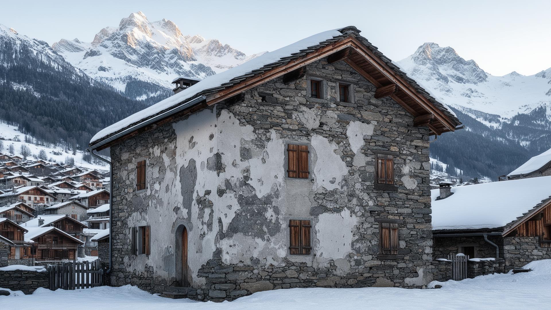 Chalet alpin traditionnel des Hautes-Alpes avec sommets enneigés en arrière-plan