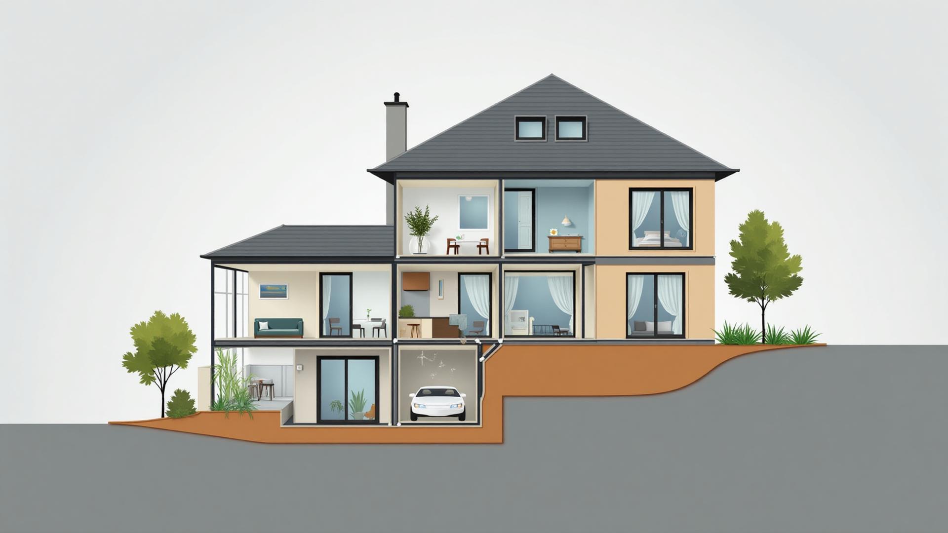 Illustration pédagogique d'une maison en coupe montrant les problèmes d'humidité