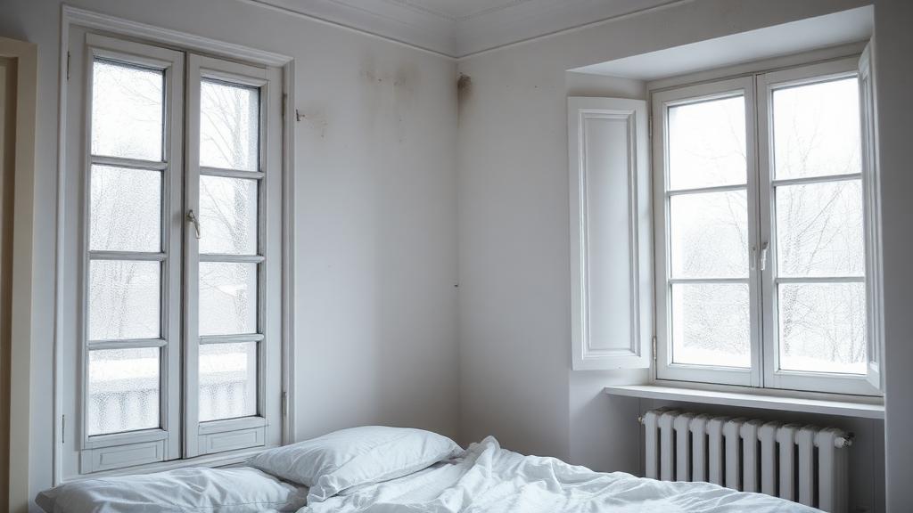 Chambre avec traces de condensation sur la fenêtre et moisissures dans l'angle du mur