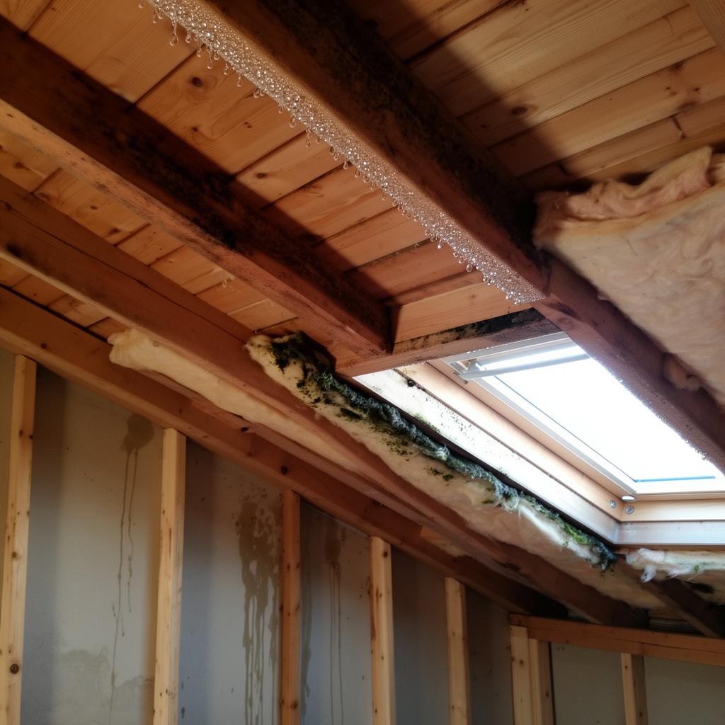 Combles avec condensation sur la charpente et moisissures sur l'isolation sous toiture