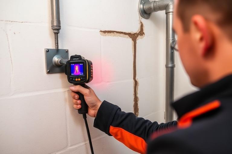 Technicien utilisant une caméra thermique pour détecter une fuite de canalisation dans un mur