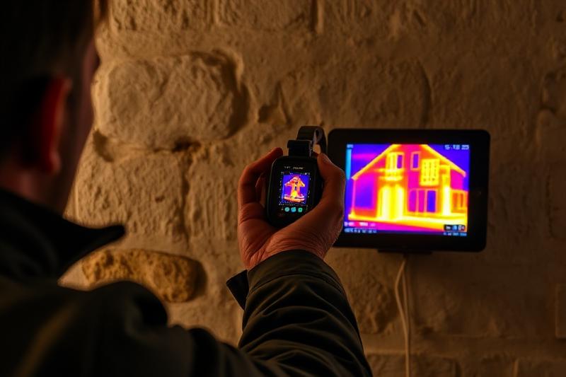 Expert utilisant une caméra thermique pour diagnostiquer l'humidité dans un mur en pierre d'une maison ancienne