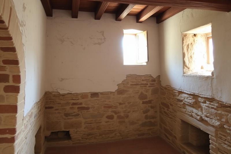 Intérieur d'une maison ancienne avec murs en pierre présentant des traces d'humidité et enduit dégradé en partie basse