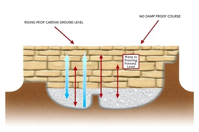 Schéma en coupe d'une maison ancienne montrant l'absence de coupure capillaire et la remontée d'eau dans les murs en pierre