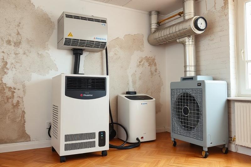Équipements professionnels d'assèchement installés dans une pièce avec mur humide : déshumidificateur industriel et ventilation forcée