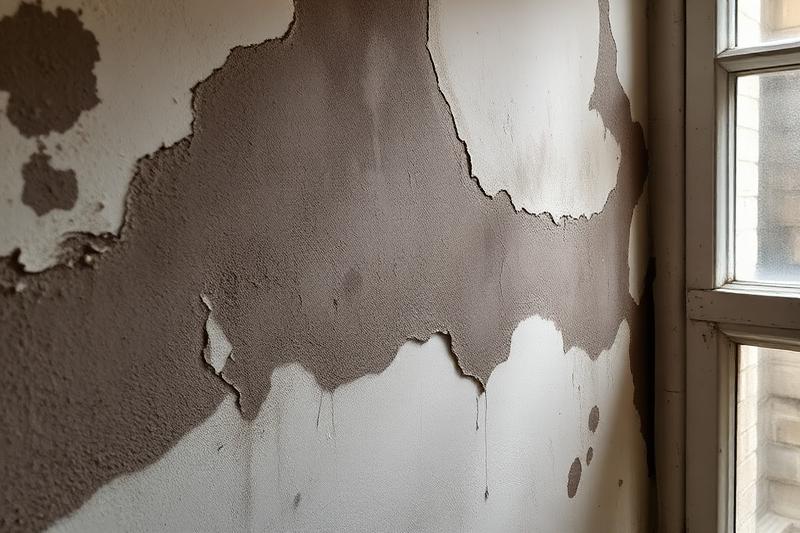 Mur intérieur présentant des taches d'humidité avec peinture écaillée et enduit dégradé