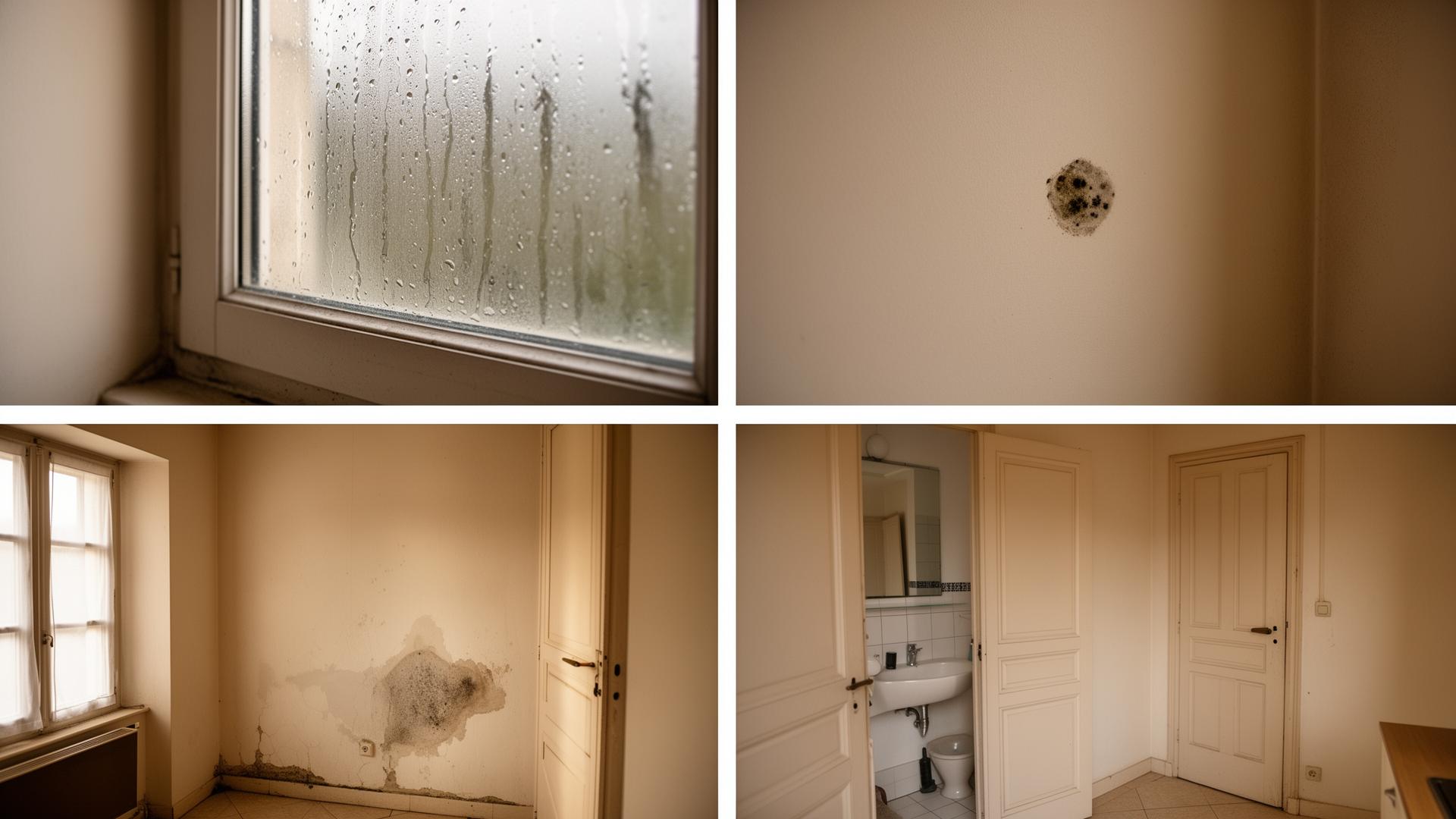 Humidité dans les pièces : condensation sur fenêtre, moisissure murale et tache d'humidité