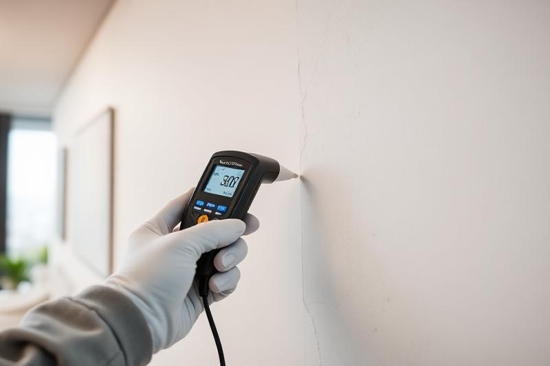 Technicien mesurant le taux d'humidité d'un mur en placo avec un humidimètre à pointes, écran affichant les valeurs