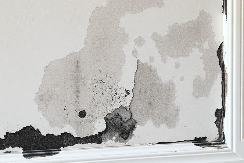 Mur en placo présentant des taches d'humidité sombres et des moisissures noires en partie basse, avec peinture écaillée