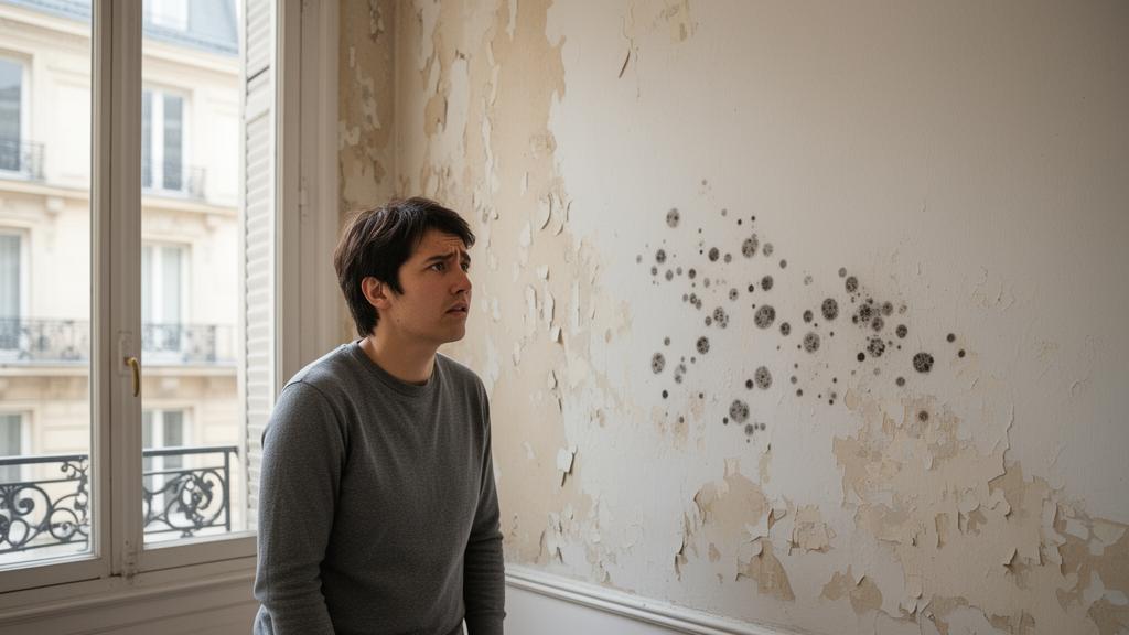 Mur repeint dont la peinture cloque et s'écaille à nouveau à cause de l'humidité non traitée