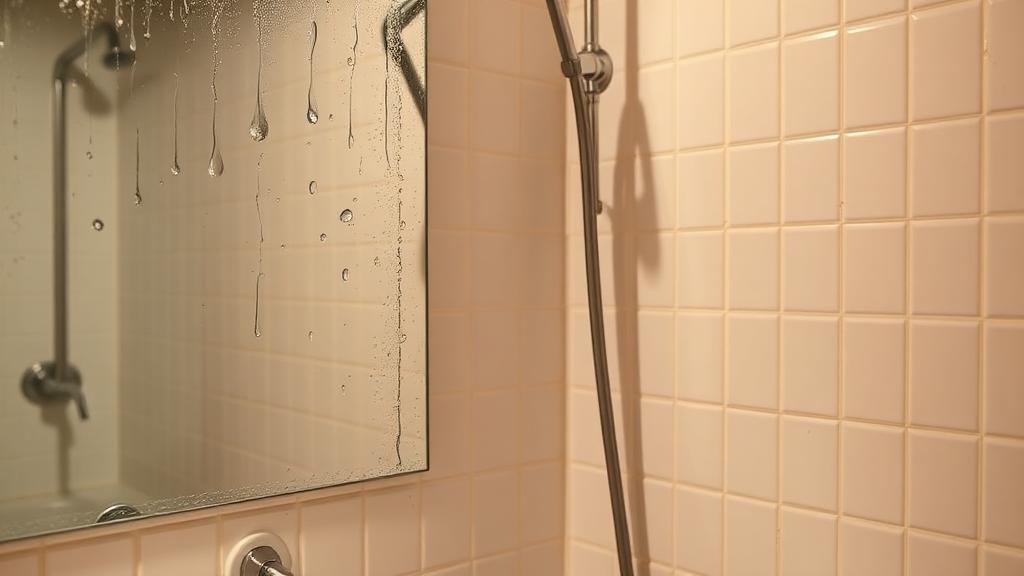 Salle de bain avec condensation sur le miroir et traces de moisissures sur les joints de carrelage