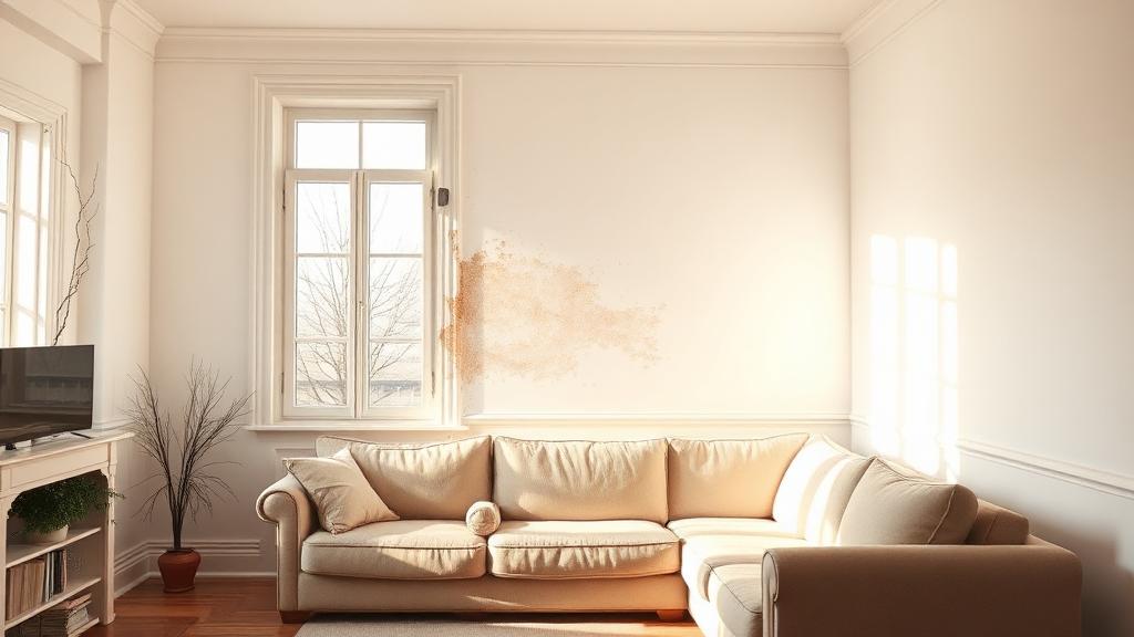 Salon avec taches d'humidité sur le mur extérieur et condensation sur la fenêtre