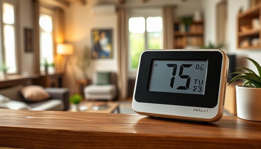 Hygromètre affichant un taux d'humidité élevé dans un salon