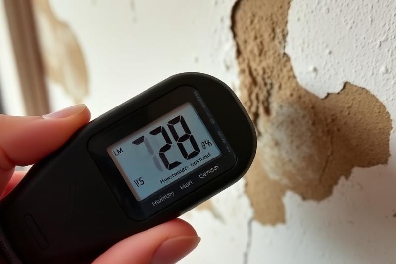 Hygromètre numérique affichant un taux d'humidité élevé près d'un mur présentant des taches d'humidité et dégradation de l'enduit