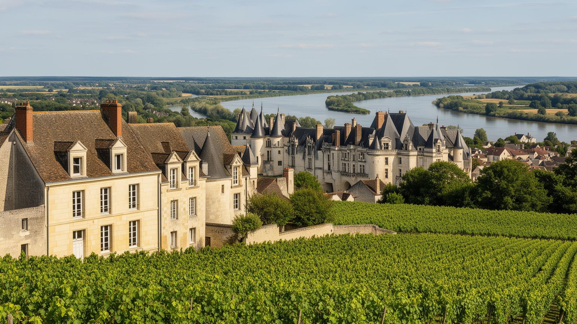 Paysage d'Indre-et-Loire avec maisons en tuffeau et vignobles en bord de Loire