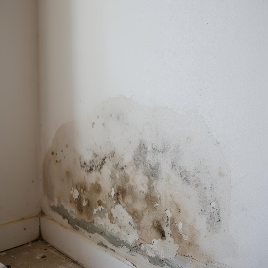 Mur intérieur présentant des traces d'infiltration d'eau, peinture cloquée et taches d'humidité