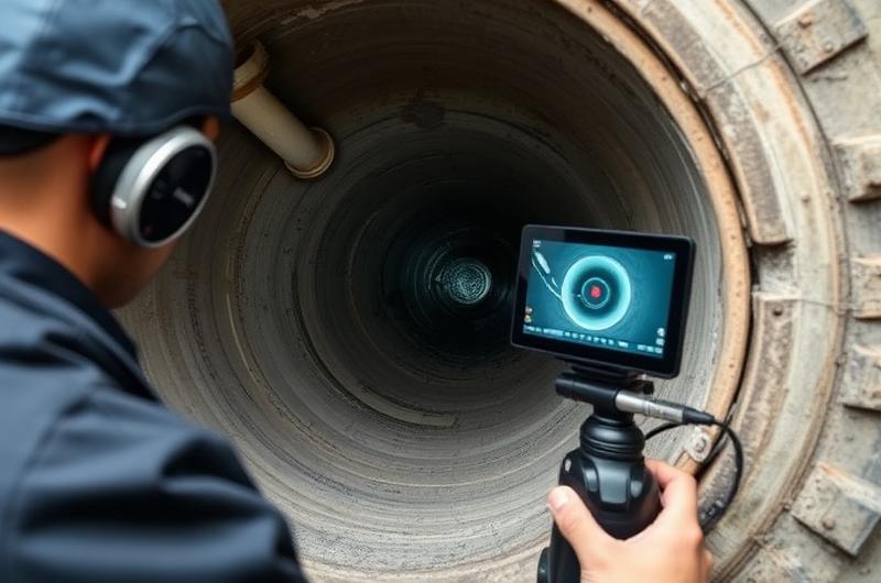 Technicien utilisant une caméra endoscopique pour inspecter l'intérieur d'une canalisation et détecter une fuite